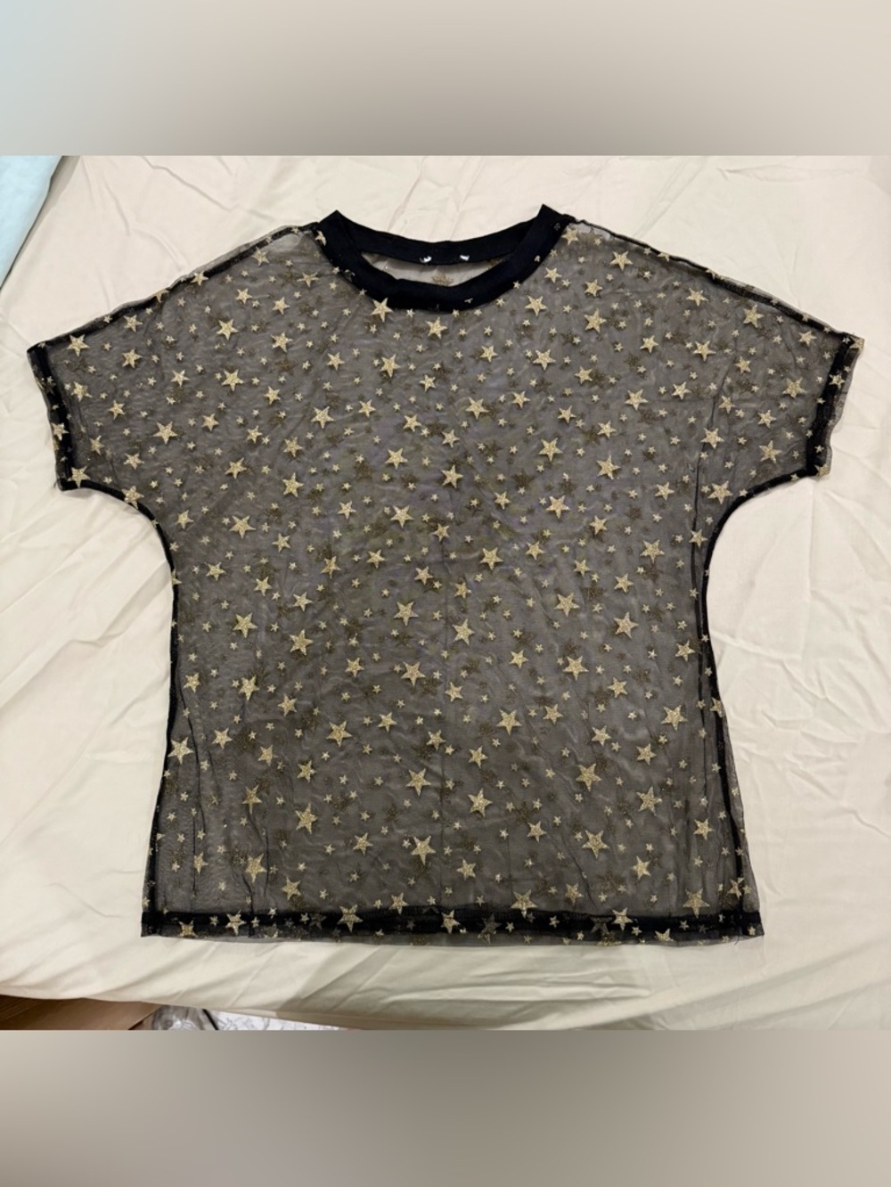 Sheer Star Embroidered Short Sleeve Top - Black with Gold Stars